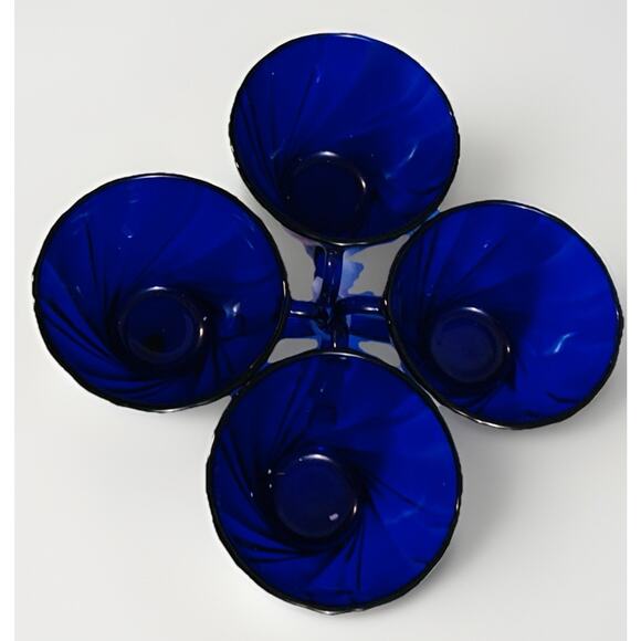 Duralex Vereco France Rivage Cobalt Blue Glass Swirl Tea Cup Set of 4 - Picture 3 of 5